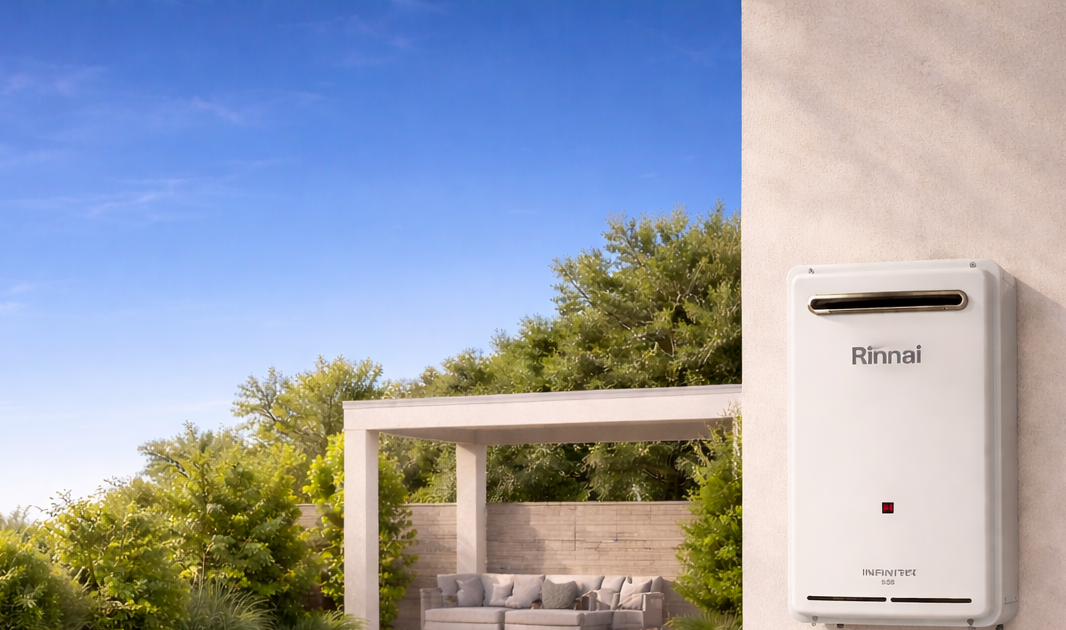 pro fix website image hot water rinnai hot water system backyard blue sky